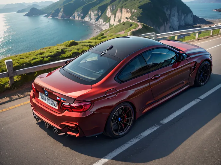 超A high resolution、An ultra-high picture quality、8K、Detailed details、marvelous expression、early summer coastline、Beautiful fresh greenery and lapping waves、A red sports car runs gracefully on the mountain pass road along the coast..........、((BMW M4 Coupe)...