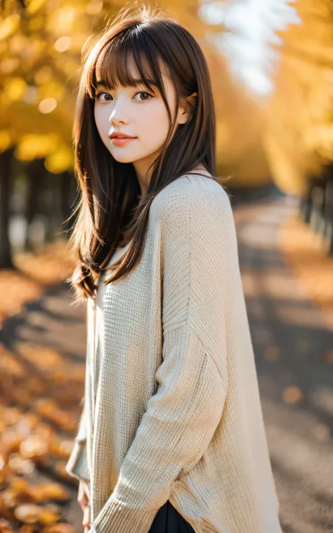 masutepiece, Best Quality, 8K, 1 girl, in autumn, Tree-lined avenue of autumn leaves, out of focus, 18 yo, medium breasts⁩, Mouth slightly open, cute little, Solo, sad, Clothes that look good in autumn, Cute, Girly, Delicate girl, Neat and clean beauty, Ra...