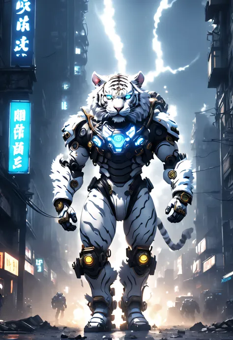 (anthropomorphic turtle:1.5),(full body photo), cyber punk perssonage, in the middle of a, 1 white tiger mecha(mechanical style ...