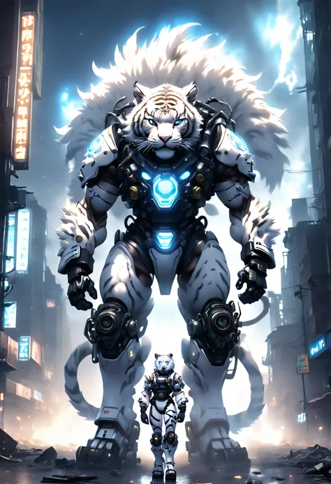 (anthropomorphic turtle:1.5),(Full body photo), cyber punk perssonage, in the middle of a, 1 White Tiger Mecha(Mechanical style white tiger head, white luminous goggles, Gas masks, Muscular limbs, fit-muscled body), Stand on two legs, Mechanical Wonder, Da...