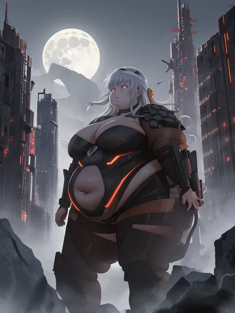 masterpiece, best quality, absurdres, obese girl, moderniadef, arms at sides, bodysuit, fractal art, shoulder pads, fat belly, fat thick thighs, fat arms, cute anda fat face, big cheeks, fat neck, moon, neon, debris, abandoned, city, ruins, destruction, de...