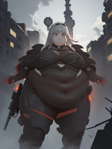 masterpiece, best quality, absurdres, obese girl, moderniadef, arms at sides, bodysuit, fractal art, shoulder pads, fat belly, fat thick thighs, fat arms, cute anda fat face, big cheeks, fat neck, moon, neon, debris, abandoned, city, ruins, destruction, de...