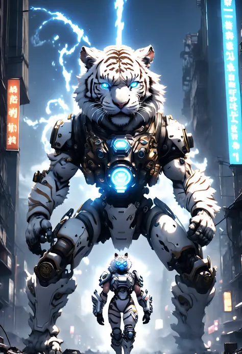 (anthropomorphic turtle:1.5),(Full body photo), cyber punk perssonage, in the middle of a, 1 White Tiger Mecha(Mechanical style white tiger head, white luminous goggles, Gas masks, Muscular limbs, fit-muscled body), Stand on two legs, Mechanical Wonder, Da...