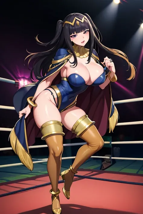 masterpiece, best quality, TharjaV4, 1girl, solo, looking at viewer, cleavage, jewelry, full body, cape, bracelet, ((Tight leotard)), ((sexy pose)), ((Wrestling ring)), tiara, bridal gauntlets, skin tight, bodystocking,