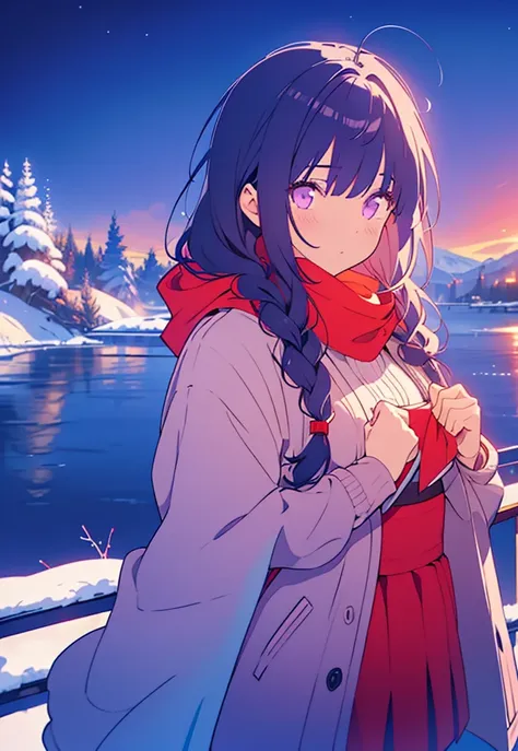 tmnd-mix_ii, dreamy, long hair, dark blue hair, purple eyes, half braid hair, detailed winter suit, detailed scenery, winter, sn...