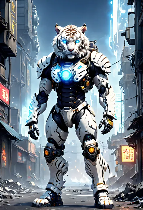 (anthropomorphic turtle:1.5),(full body photo), cyber punk perssonage, in the middle of a, 1 white tiger mecha(mechanical style ...