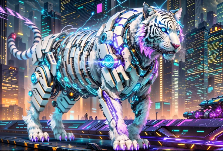 (best quality at best, 8k,a high resolution,tmasterpiece:1.2),ultra - detailed),future robot animal white tiger,full body shot o...