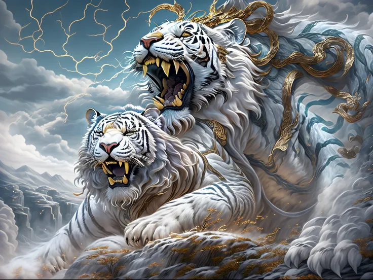 (Best quality at best,tmasterpiece, iintricate,hyper-detailing，Extremely detailed CG unified wallpaper) , dahuangdongjing，A mythical beast in Chinese mythology(the white tiger),White tiger resembles a huge white tiger，Huge and powerful。It has a majestic bo...