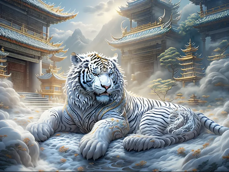 (Best quality at best,tmasterpiece, iintricate,hyper-detailing，Extremely detailed CG unified wallpaper) , dahuangdongjing，A mythical beast in Chinese mythology(the white tiger),White tiger resembles a huge white tiger，Huge and powerful。It has a majestic bo...