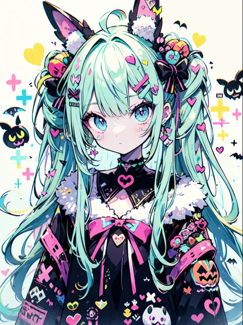 halloween theme, "kawaii, cute bunny girl, cute pink girl, neon green blue, and a light blue color scheme. she is wearing a hall...