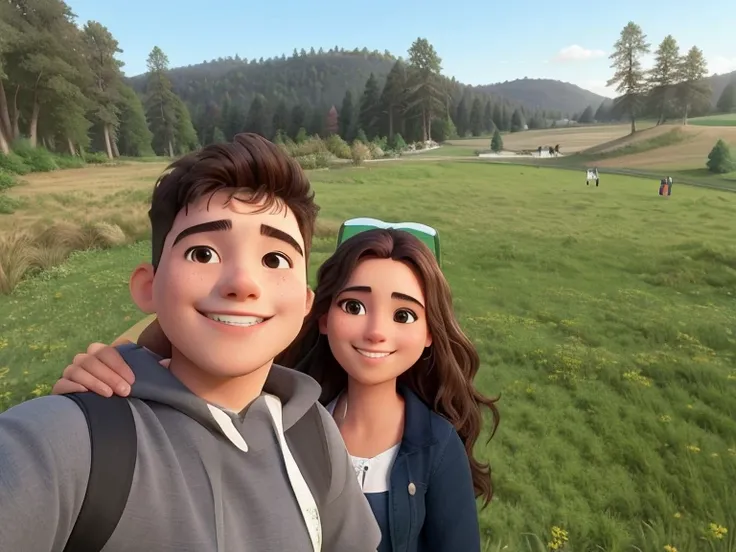 they are taking a selfie in a field with a frisbee, in a large grassy green field, park in background, meadow in the background, profile image, both smiling for the camera, standing in a grassy field, julia fuentes, profile pic, a picture, trees in the bac...