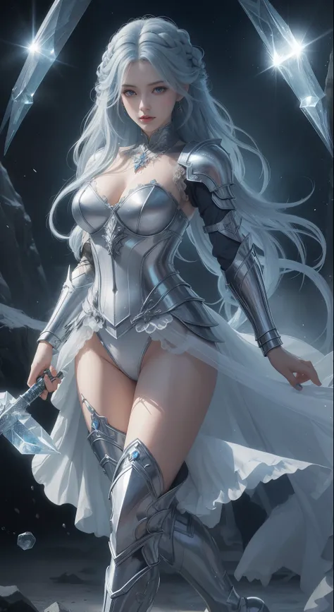 tmasterpiece，Highest image quality，，Beautiful female knight full body portrait，Exquisite blue braid hairstyle，Clear  eyes，The sword，armour，high heels boots，crystal，Ultra-detailed details，advanced。At the Pixiv Art Station，Break your own power，Luigi，Big brea...