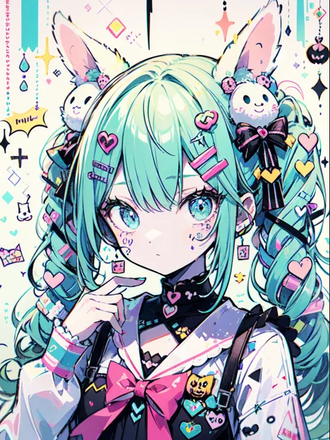 halloween theme, "kawaii, Cute bunny girl, cute pink girl, neon green blue, and a light blue color scheme. She is wearing a Halloween themed costume. Her clothes were fluffy and soft, Comes with hair clips and other decorative accessories. she embodies vit...