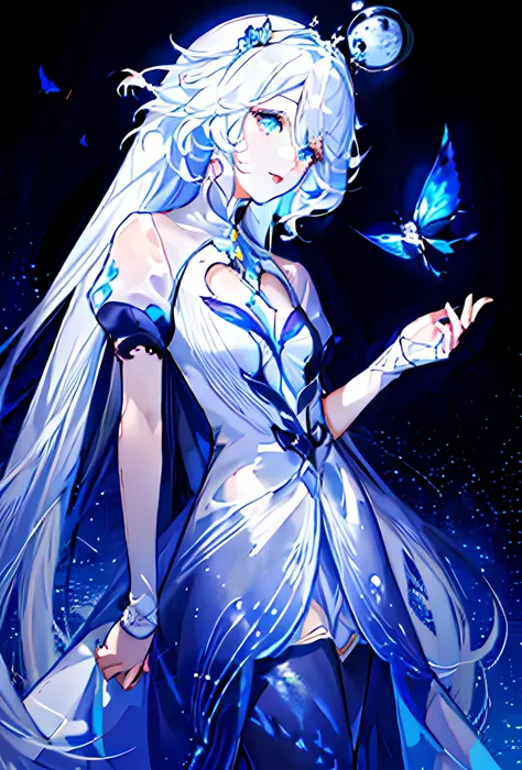 Anime girl with long white hair and blue eyes holding a butterfly, white haired deity, official character art, portrait knights of zodiac girl, beautiful celestial mage, official arts, keqing from genshin impact, from bravely default ii, Moon-themed outfit...