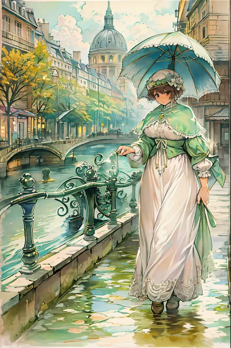 Paris , Storm scene, Edwardian woman in white, aquarelle