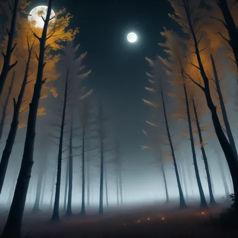 Foggy forest at night　owls　fullmoon