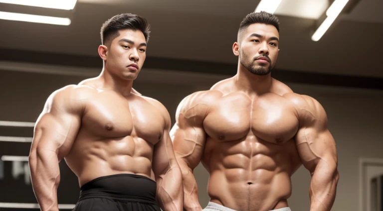 (Very detailed 8k wallpaper), two asian men, muscle worship, arms folded, At the gym, high detailing, buzzcut, very large and strong body, bulging muscles, well-muscled, very large pectoral muscles. Very sexy abs, legs are muscular, Toned figure, lightens ...