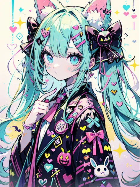 halloween theme, "kawaii, Cute bunny girl, cute pink girl, neon green blue, and light blue color scheme. She&#39;s wearing a Halloween themed costume. Her clothes were fluffy and soft, Comes with hairpins and other decorative accessories. she embodies vita...