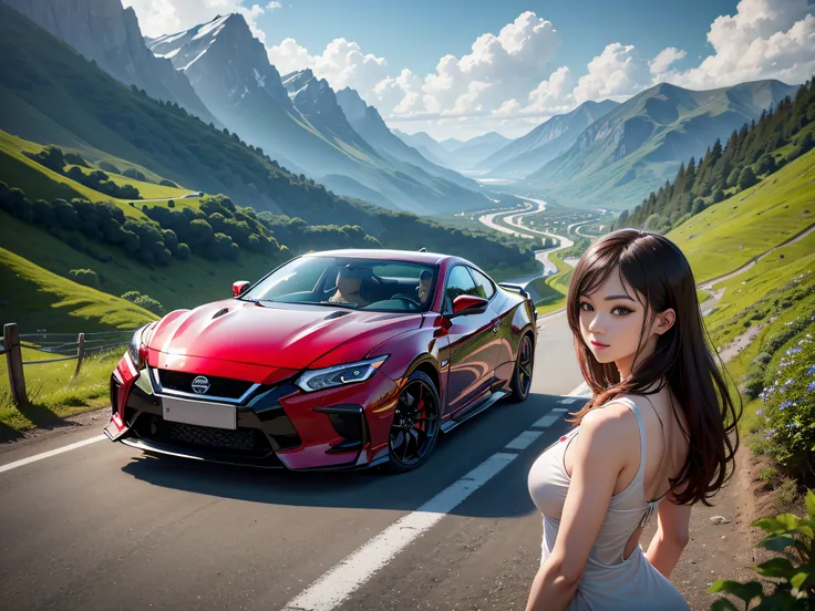 超A high resolution、An ultra-high picture quality、8K、Detailed details、marvelous expression、summer volleyball、beautiful fresh green、A bright red sports car is parked on a mountain road built along the mountain...、With beautiful women.....、Nissan SR311 Sports...