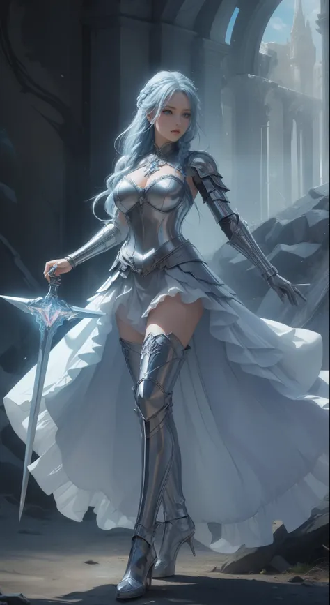 tmasterpiece，Highest image quality，，Beautiful female knight full body portrait，Exquisite blue braid hairstyle，Clear  eyes，The sword，armour，high heels boots，crystal，Ultra-detailed details，advanced。At the Pixiv Art Station，Break your own power，Luigi，Big brea...