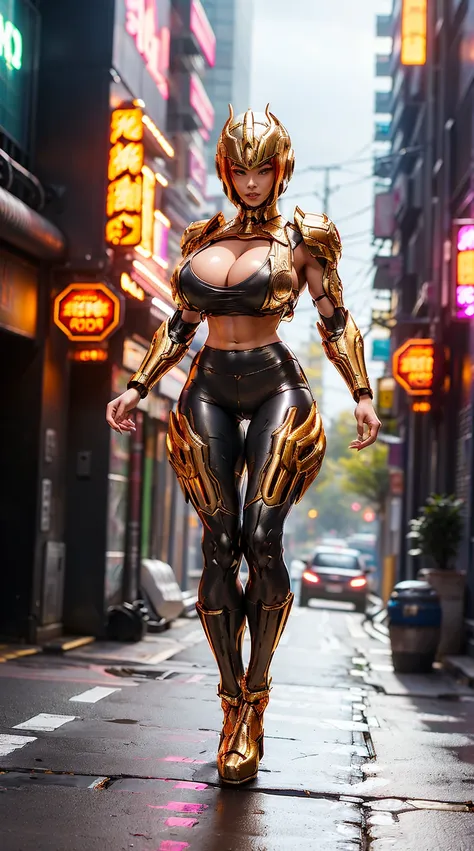 (DRAGON QUEEN HELM), (HUGE FAKE BOOBS:1.3), (BEAUTIFUL FACE), (RED, BLACK, GOLD), (CYBERPUNK STREET CITY BACKGROUND), (CYBER MECHA CROP TOP), (CLEAVAGE), (SKINTIGHT YOGA PANTS), (HIGH HEELS), (PERFECT BODY:1.2), (FULL BODY VIEW), (LOOKING AT VIEWER), (WALK...