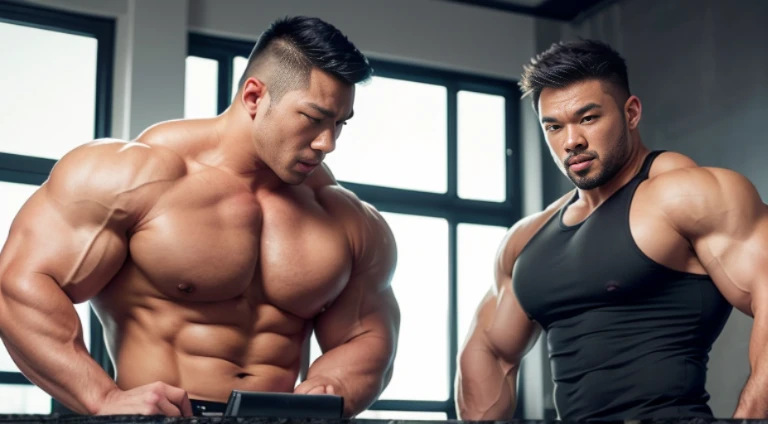 (Very detailed 8k wallpaper), two asian men, muscle worship, arms folded, At the gym, high detailing, buzzcut, very large and strong body, bulging muscles, well-muscled, very large pectoral muscles. Very sexy abs, legs are muscular, Toned figure, lightens ...