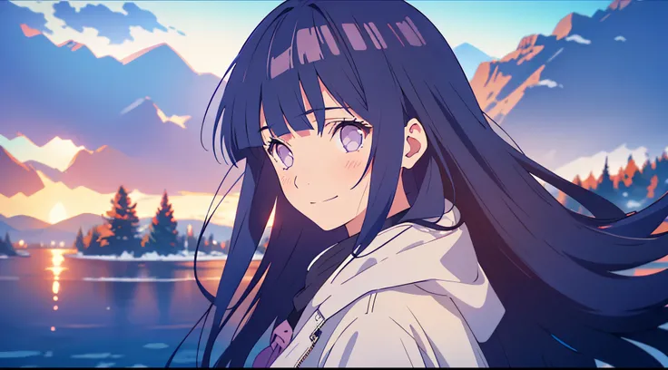 TMND-Mix_II, dreamy, long hair, dark blue hair, purple eyes, detailed winter suit, detailed scenery, winter, snow, frozen lake, wear scarft, hinata hyuga, blunt bangs, smile, falling snow, screencap anime, anime coloring