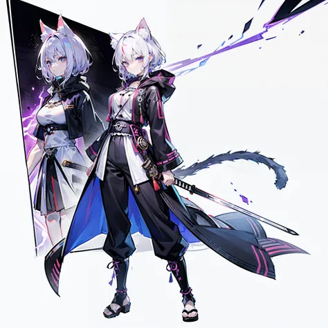 1个Giant Breast Girl，独奏，(loli picture)，（（（white color hair））），（flatchest），Delicate face and beautiful eyes，Delicate hair，A particularly long strand of side hair)，(Cat Ear Hood)，One eye is covered by a hood，围巾，(White background 1：：5)，standing painting style，...