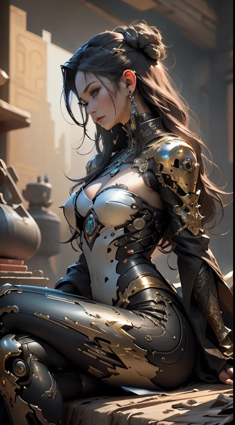 outdoors, looking at viewer, blush,complex 3d render ultra detailed of a beautiful profile woman, milf,sitting,Spread legs, (Dynasty, Tang clothing, hanfu:1.3), makeup, beautiful detailed eyes, (cyborg, robotic parts, luxurious cyberpunk, robot), (eyelashe...