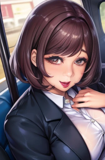 Lucy Piddle, Face portrait, ((The makeup is very thick)), ((Bright lipstick)), Smiling, ((cosmetics)), ((heavy  makeups)), Short hair details, Brown hair, sexy women, button- shirt , white  shirt, black dress pants, ((Very fat woman)), Lop, sitting on a bu...