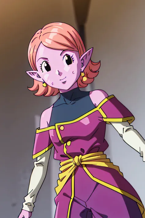 CHRONOA, BARE SHOULDERS, POINTY EARS, COLORED SKIN, PINK HAIR, PINK SKIN, (SWEPT BANGS:1.5), SHORT HAIR, (BLACK EYES:1.3), LEOTARD, DRESS, PURPLE DRESS, OFF SHOULDER, BARE SHOULDERS, DETACHED SLEEVES, PANTS, BLUE PANTS, 1girl, solo, upper body, facing view...