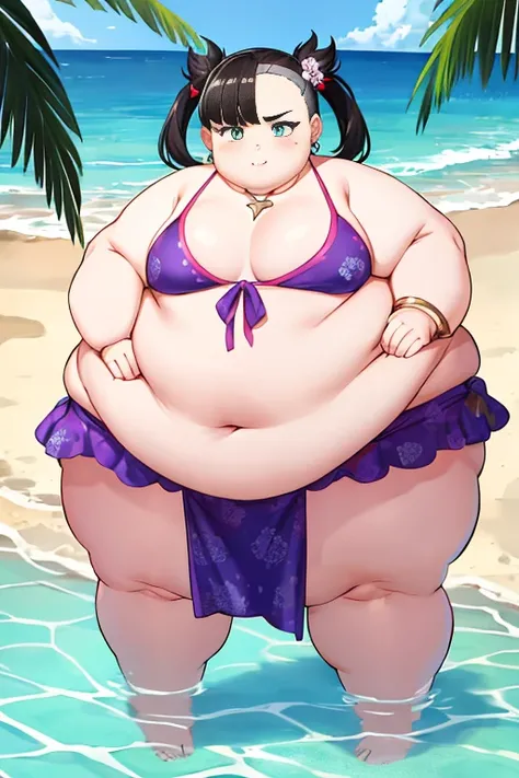 "hmmarnie, obese child, (masterpiece, Highest Quality) ,  fat belly, thick thighs, fat arms, big cheeks, with aqua eyes and a green ribbon, possesses model-like looks. She appears slightly embarrassed, wearing a hair flower, earrings, jewelry, and a halter...