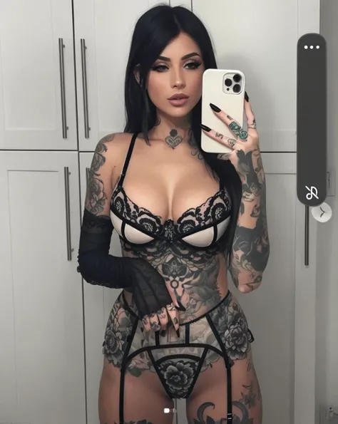 tattooed woman taking a selfie in a lingerie with a phone, inked, fully tattooed body, tattooed body, tattooed, with tattoos, laced lingerie, sexy look, style of ink, wearing sexy lingerie, intricate body, seductive. highly detailed, full-body tattoos, ful...