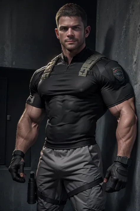 1 man, solo, 35 year old, Chris Redfield, wearing a grey T-shirt, smirks, looking at the camera, black color on the shoulder and a bsaa logo on the shoulder, military tactical suit, equipment, tall and hunk, biceps, abs, chest, best quality, masterpiece, h...