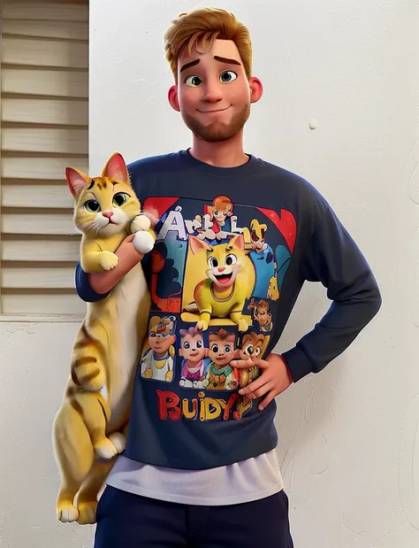 (a white man, with a completely yellow cat in his hand, looking up, wearing a The Fresh Prince of Bel-Air t-shirt in a Disney Pixar style, high-quality, best quality)