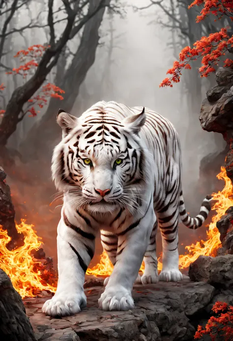 Colorful white tiger，ln the forest，surrounded by flames，[(white backgrounid:1.5)::5]，The middle view is，Full body lesbian，Chinese，blossoms，stone fragment，Beautiful and delicate Chinese white tiger，（Fine strokes：1.1）, Dynamic depiction, Vivid and real, mesm...