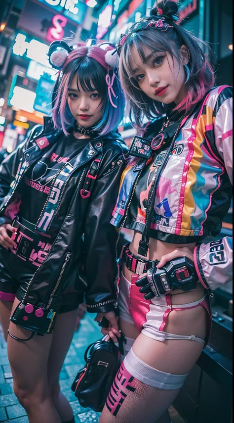 ((2 cyberpunk girls wearing colorful Harajuku style pop outfit)), ((fisheye lens)), cowboy shot, wind, messy hair, cyberpunk cityscape, (aesthetics and atmosphere:1.2), smiling, ((cinematic lighting))