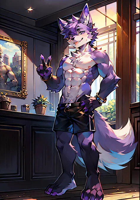 High Picture Quality，coffeehouse，potted，mid day，blue-sky，Single player，Wolf animal human form，musculature，No spot，male figure，Full body standing painting，short detailed hair，light purple fur，Deep blue wolf ears，Hairy wolf tail，Deep gray tail root，White tai...