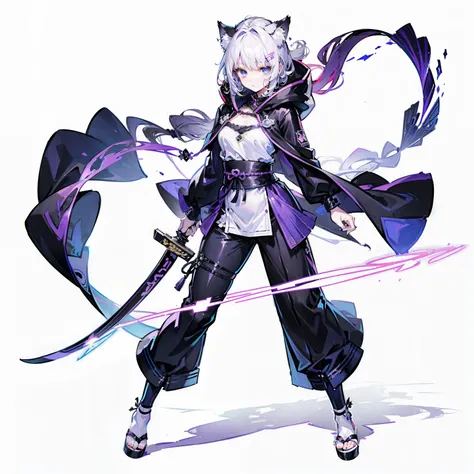 1 plump girl，独奏，(loli pictures)，（（（white color hair））），（flatchest），Delicate face and beautiful eyes，Delicate hair，A particularly long strand of side hair)，(Cat Ear Hood)，One eye is covered by a hood，围巾，(White background 1：：5)，standing painting style，((Full...