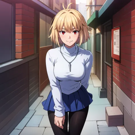 arcueid (tsukihime), 1girl, alley, arms behind back, black pantyhose, blue pleated skirt, blush, breasts, building, cowboy shot, day, chain necklace (arcueid) on chest, large breasts, looking at viewer, outdoors, smile, solo, standing, white long sleeves t...