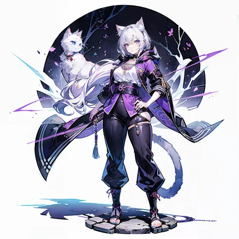 1 plump girl，独奏，(loli pictures)，（（（white color hair））），（flatchest），Delicate face and beautiful eyes，Delicate hair，A particularly long strand of side hair)，(Cat Ear Hood)，One eye is covered by a hood，围巾，(White background 1：：5)，standing painting style，((Full...