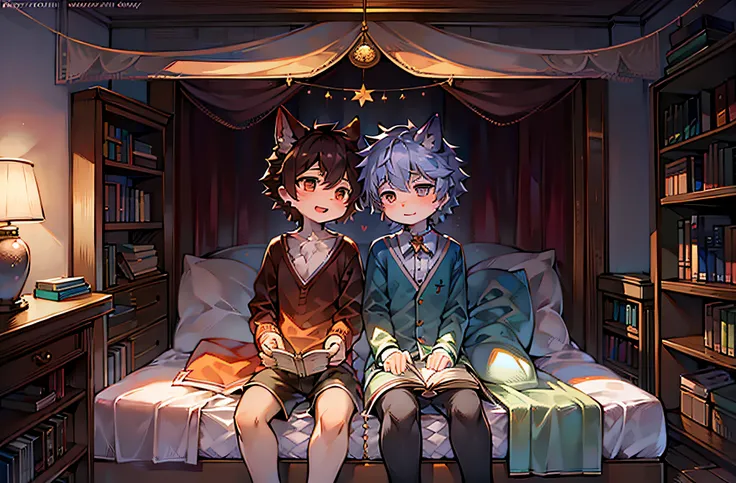 lovely boy，shota，Sit at the head of the bed，Read together，Cover with a quilt，book in hand，on bedroom，Turn on the lights，book case，There were two people lying on the bed,natta，starrysky，Look at each other，