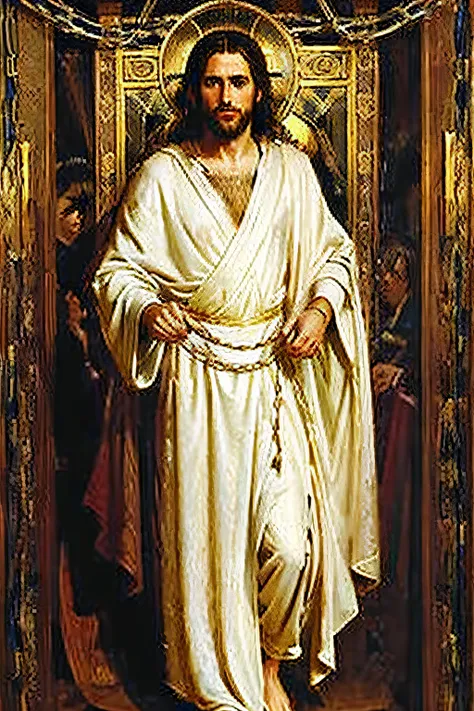 Jesus caught by the roman soldiers dress in their metal armed, Jesus tied in heavy chains, dressed in white robe facing forward, full body length, Cavaggio style, oil painting