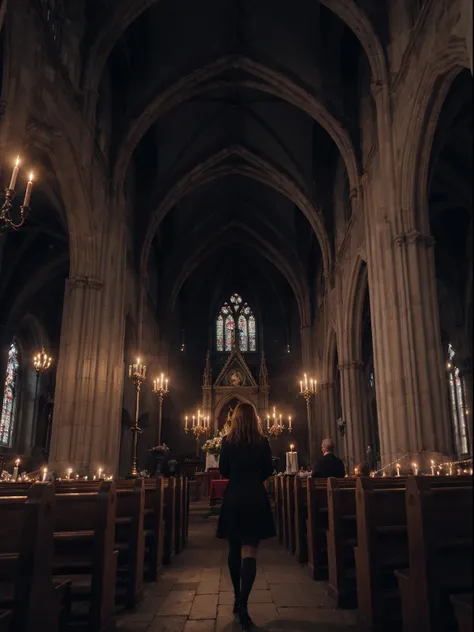 London style, Spiders and cobwebs are tangled, cinematic, extremely detailed cg, detailed texture, crowded church, gothic candles, candlelit, back to camera, girl, standing, fisheye lens, ultra wide angle