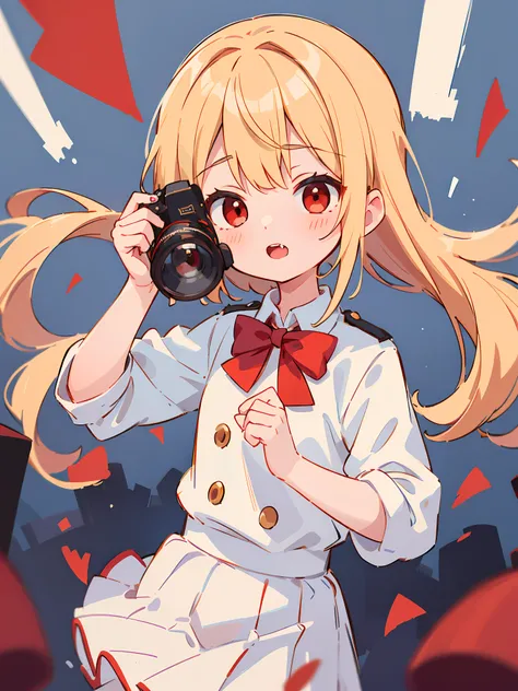 masterpiece, best quality, cute, kawaii, 1girl, upper body, 1girls, loli, vampire, short, red eye, long blonde hair, cute, using red army school uniform, using white skirt, using blue bowties, with camera,