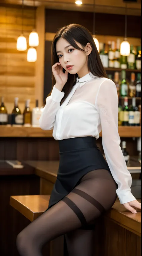 ulzzang -6500-v1.1, (Raw photo:1.2), (Photorealsitic), (See-through:1.3), (Real:1.4), upper class bewitching woman、１femele、luxury silk blouse:1.2, (Ultra-realistic pantyhose:1.2), No skirt、small luxury lace panties、Pantyhose Focus、Sit at the bar counter、Cr...