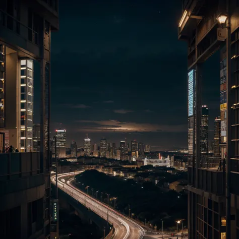 Vista Noturna da Cidade (Bustling city at night in the background) (grandes obras: 1.3), (best quality: 1.1) (Obras: 1.3) with incomparable masterpieces, surreal 8K, Perfect artwork, super detalhes, best quality, works-cousins 4K aesthetic wallpaper, Obras...