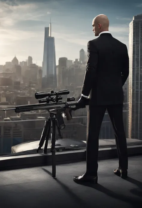 A photo of a high-tech sniper rifle with a scope, positioned on a rooftop overlooking a city skyline.,Hitman series,Agent 47 is bald. 47s typical attire consists of a black suit, black leather gloves and shoes, white dress shirt, and a burgundy tie., male