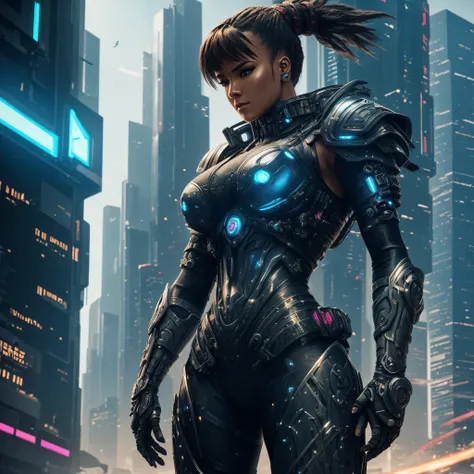 a beautiful cyberpunk ninja warrior cyborg woman beautiful armored armor in a realistic and ultra detailed 8k futuristic city