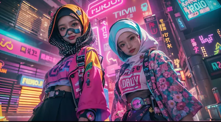 ((2 cyberpunk malay girls in hijab wearing colorful Harajuku style pop outfit)), ((fisheye lens)), cowboy shot, wind, cyberpunk cityscape, (aesthetics and atmosphere:1.2), smiling, ((cinematic lighting))